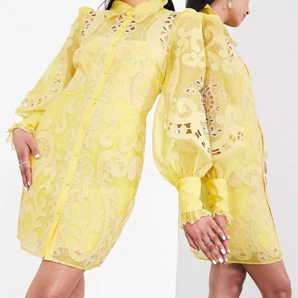 ASOS EDITION embroidered organza mini shirt dress in yellow Size 8.